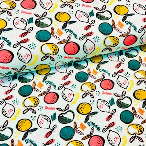 Jersey, GOTS, jersey di cotone con elastici, tessuto con stampa digitale, frutta, mela, limone, tessuto per abiti, tessuto per donna, tessuto per bambini, colorato,