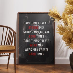 Hard Times Create Strong Men Poster - Stoic Warrior Wall Art - Motivational Spartan Decor for Gym or Office