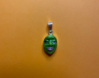 Handmade Polymer Clay Face Pendant, Sterling Silver Bezel