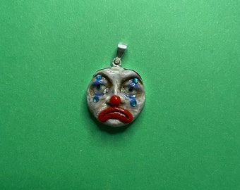 Clown Face Pendant, Handmade Polymer Clay, Sterling Silver Bezel