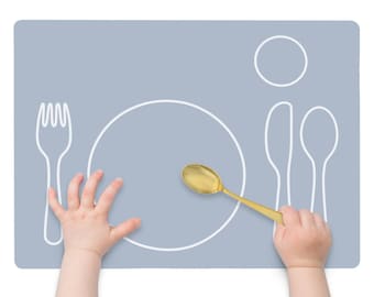 Mantel individual Montessori de silicona para la hora de comer, GRANDE, antideslizante, fácil de limpiar, tapete de comedor para poner la mesa, ecológico, gris