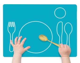 Montessori Silicone Mealtime Placemat - LARGE Non-Slip, Easy-to-Clean, Eco-Friendly, Purposeful Gift for Kids , Practical Life - TEAL