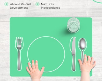 Montessori Silicone Placemat - Easy-to-Clean,  Placemat for Setting the Table, Montessori Practical Life,  Eco-Friendly - GREEN