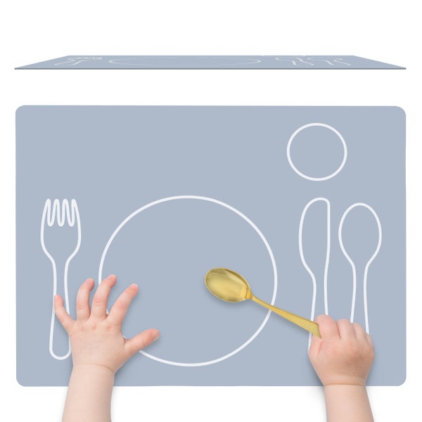 Set de table Montessori en silicone pour les tout-petits, GRAND - Tapis de salle à manger pour mettre la table antidérapant, facile à nettoyer, respectueux de l'environnement - Gris