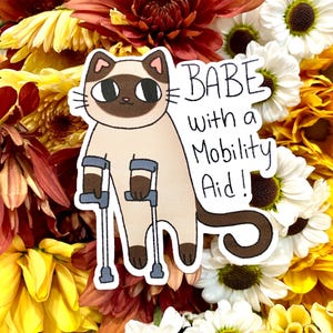 Könnte beinhalten: Ein Aufkleber mit einer Cartoon-Siameskatze mit Krücken, vor einem Hintergrund aus bunten Blumen. Der Aufkleber trägt den Text "BABE with a Mobility Aid!". Die Katze hat braune Markierungen und einen eingerollten Schwanz.