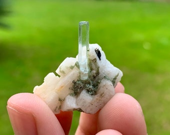 Natural Aesthetic Transparent  Aquamarine Crystal With Feldspar Tourmaline  Combined From Shigar Mine , Aquamarine Specimen /  7.93 grams