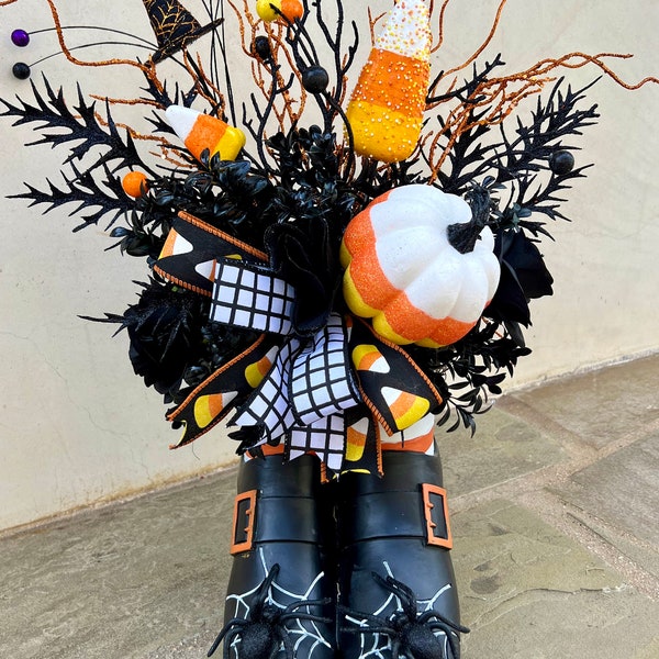 Halloween Centerpiece, Halloween Witch Boots Centerpiece, Halloween Decorations, Halloween Floral Tabletop Decor, Candy Corn Decor