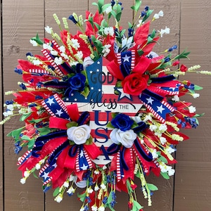 Patriotic Wreath, Patriotic Wreath for Front Door, Fourth of July Wreaths, 4th of July Decorations, Patriotic Cross Wreath
