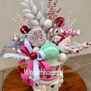 Christmas Centerpiece | Nutcracker Centerpiece | Pink and Green Nutcracker Centerpiece | Christmas Floral Arrangement | Tabletop Decor