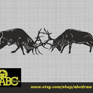 May include: Black and white silhouette of two elk facing each other with their antlers locked in a fight.