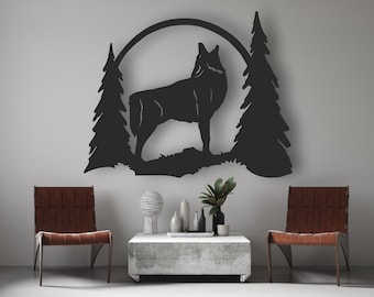 Hurlant Wolf Design laser coupé svg dxf fichiers mur autocollant gravure modèle de silhouette décalque cnc routeur de coupe téléchargement vecteur numérique