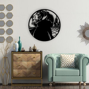 Belleza y la bestia corte láser svg dxf archivos pegatina de pared grabado plantilla de silueta calcomanía cnc corte router digital vector descargar