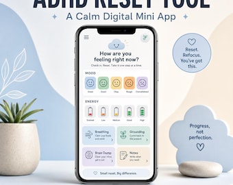 ADHD Reset Tool Digital Download | Mood Check-In, Box Breathing & Brain Dump Mini App