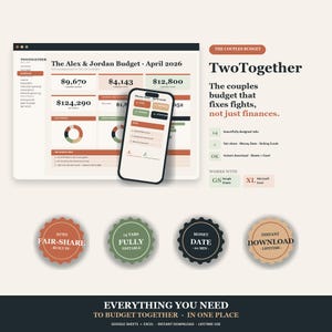 Op de afbeelding: Een digitaal financieel planningstool, TwoTogether, wordt weergegeven op een computerscherm en een smartphone. Het ontwerp bevat grafieken en tekst, met de slogan "De budget van koppels die ruzies oplost, niet alleen financiën."
