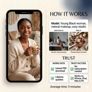 May include: A smartphone screen displays a smiling woman holding a coffee cup. The screen shows text and graphics about a product, including "Instant PDF download" and "Lifetime updates."