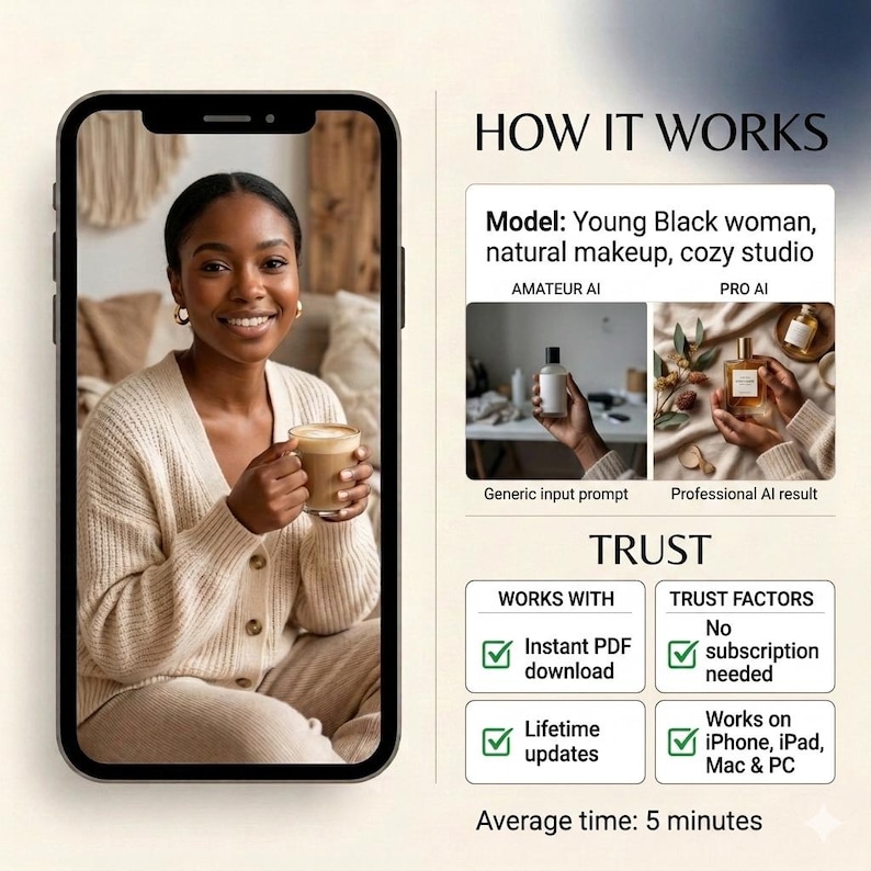 May include: A smartphone screen displays a smiling woman holding a coffee cup. The screen shows text and graphics about a product, including "Instant PDF download" and "Lifetime updates."