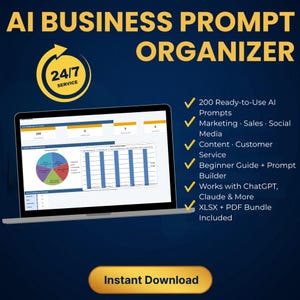May include: A laptop displays a business dashboard with charts and graphs. The screen shows the text "AI BUSINESS PROMPT ORGANIZER" and "24/7 SERVICE". Additional text includes "200 Ready-to-Use AI Prompts" and "Instant Download".