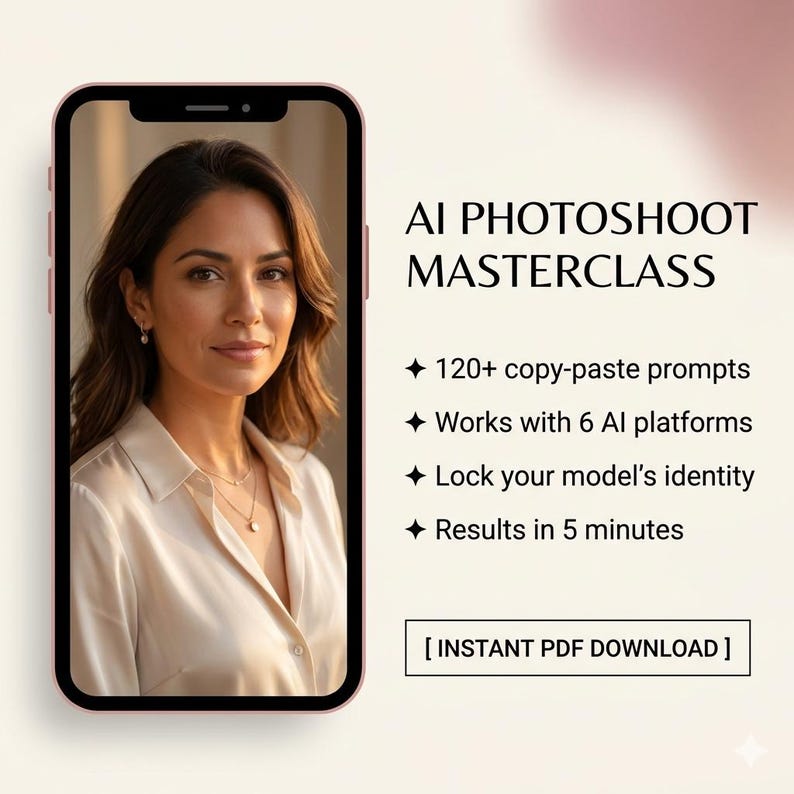 May include: A smartphone displays a woman with brown hair and a cream-colored blouse. The screen shows text: AI PHOTOSHOOT MASTERCLASS, 120+ copy-paste prompts, works with 6 AI platforms, lock your model's identity, results in 5 minutes. [INSTANT PDF DOWNLOAD].