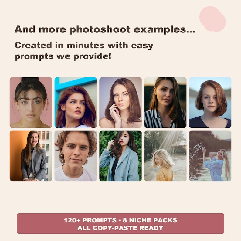 May include: A promotional image featuring a grid of headshot examples. The text reads "And more photoshoot examples... Created in minutes with easy prompts we provide!" and "120+ PROMPTS &bull; 8 NICHE PACKS ALL COPY-PASTE READY."
