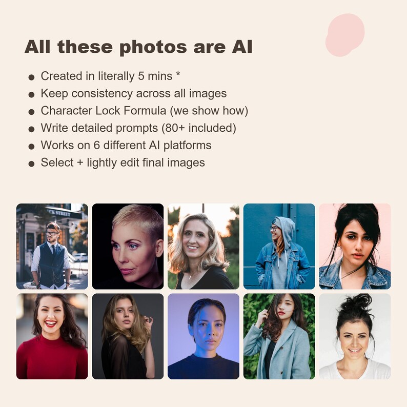 May include: An image with the text "All these photos are AI" and bullet points describing AI image creation. Below are nine headshot photos of different people. The text includes information about the creation process.