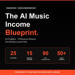 May include: A black graphic with the text "The AI Music Income Blueprint" in white and orange. The image highlights 25 chapters, 15 revenue streams, and a 90-day launch plan. The bottom text reads "From Zero to Your First Paycheck with AI Music."
