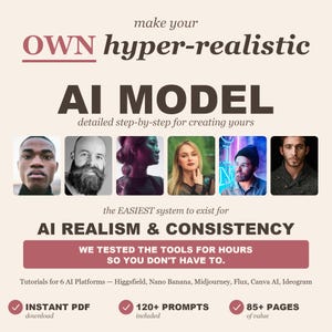 May include: A promotional graphic with the text "make your OWN hyper-realistic AI MODEL." It includes images of diverse individuals and lists features like "Instant PDF download" and "120+ prompts included."