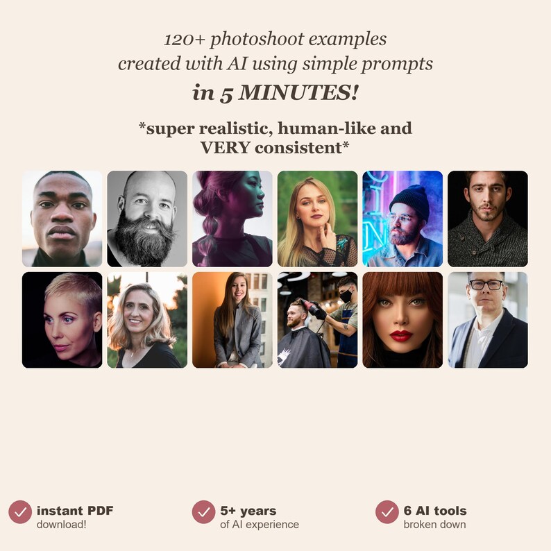 May include: An image showcasing a promotional graphic with the text "120+ photoshoot examples created with AI using simple prompts in 5 MINUTES!". It includes a grid of diverse portrait examples and bullet points highlighting features like instant PDF download and AI tools.