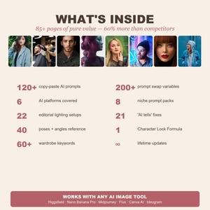 May include: An infographic with the title "WHAT'S INSIDE" and a list of features, including copy-paste AI prompts, prompt swap variables, and editorial lighting setups. The image also includes a list of AI platforms and wardrobe keywords.