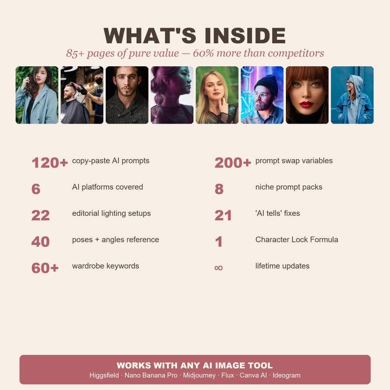 May include: An infographic with the title "WHAT'S INSIDE" and a list of features, including copy-paste AI prompts, prompt swap variables, and editorial lighting setups. The image also includes a list of AI platforms and wardrobe keywords.