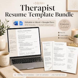 May include: A laptop displays a therapist resume template, with additional resume, cover letter, and reference templates. The text reads "Therapist Resume Template Bundle" and "Editable in Word + Google Docs". A mug and notebook are also visible.