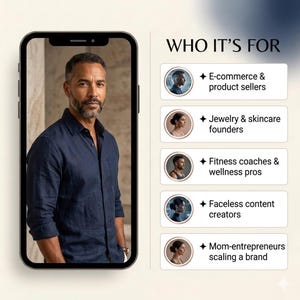 May include: A smartphone displays a man in a navy blue shirt. The text "WHO IT'S FOR" is above a list of target audiences, including e-commerce sellers, skincare founders, fitness coaches, content creators, and mom-entrepreneurs.