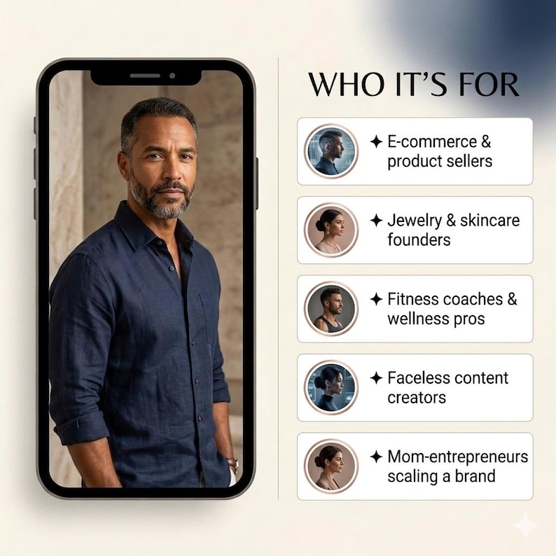 May include: A smartphone displays a man in a navy blue shirt. The text "WHO IT'S FOR" is above a list of target audiences, including e-commerce sellers, skincare founders, fitness coaches, content creators, and mom-entrepreneurs.