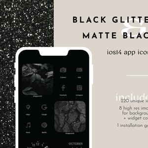 Zwarte iOS-pictogrammenset Glitter en luxe Minimalistische Executive-app Snelkoppelingen Widgetcovers Modern startscherm Esthetische pictogrammen Donkere modus
