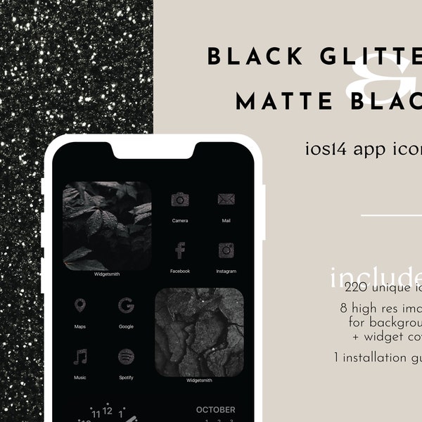 Black iOS Icon Set Glitter and Luxe Minimalist Executive App Shortcuts Widget Covers Modern Home Screen Aesthetic Icons Dark Mode