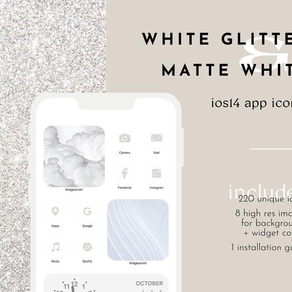 White Glitter & Matte White Luxe iOS 14 Icon Set / Widget Covers