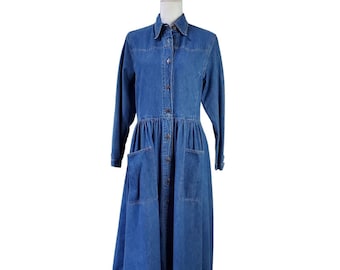 Vintage Studio 25 Womens Dress Size M Blue Wash Denim 90s Midi 80s Western