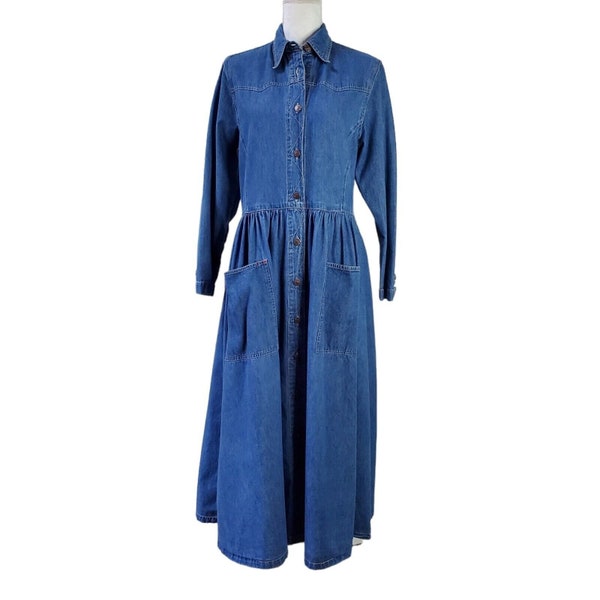 Vintage Studio 25 Womens Dress Size M Blue Wash Denim 90s Midi 80s Western