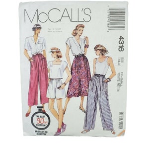 May include: McCall's sewing pattern number 4316 for a women's pants pattern. The pattern includes three different styles of pants: wide-leg, cuffed, and cropped. The pattern is for sizes EX-Small to Petite.