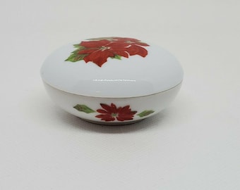 Ceramic Floral Poinsettia Trinket Box Jewelry Vanity Dresser Round Beautiful
