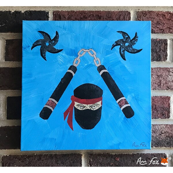 Custom Ninja Acrylic Canvas Painting | Martial Arts| Nun chucks| Throwing Stars| Wall décor| 12" x 12"