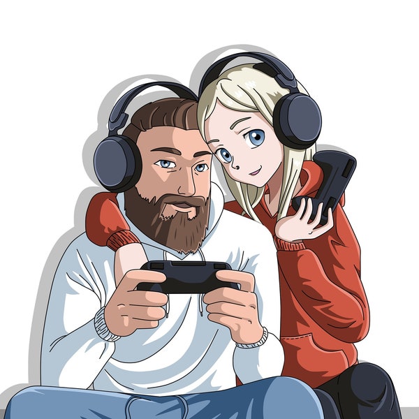 Gift to Gamer Pic, Video Gamer, Otaku Gift, Custom Digital Anime Couple Portrait, Valentines Day, Geeky Anniversary, Gift for son, brother