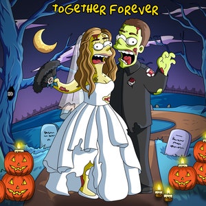 HALLOWEEN ZOMBIE PORTRAIT. Lustige Gelbe Charaktere. Lächerliches Familienporträt per Foto.  Liebe für immer Geschenk Postkarte