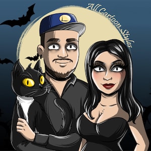 THREE Character GOTHIC PORTRAIT. Scary drawing of couple and dog or cat, parents and child, siblings, you and your pets, halloween art