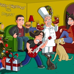 クリスマスカップルのポートレート、漫画風のクリスマスファミリーポートレート、カスタムキャラクター、ユニークなクリスマスギフト、最高のギフトアイデア