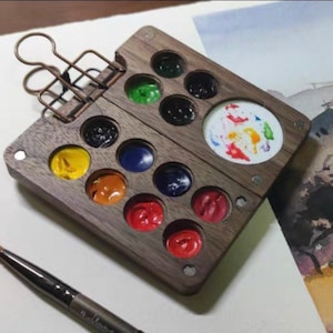 Walnut Bi-fold Mini Watercolour Travel Paint Box | Paint Case | Wooden Palette | 12-well