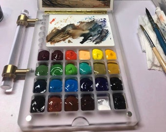 Compact Travel Paint Easel Box Carry Case Portable Watercolour Painting Palette 24-well