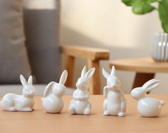 MTSCE Ceramic Rabbits Cute Porcelain Rabbits Figurines Home Decor Bunny Set of 2 Red Ear Large 