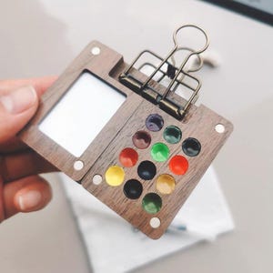 Walnut Bi-fold Mini Watercolour Travel Paint Box | Paint Case | Wooden Palette | 12-well Pre-Filled