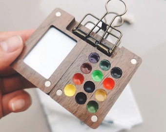 Walnut Bi-fold Mini Watercolour Travel Paint Box | Paint Case | Wooden Palette | 12-well Pre-Filled