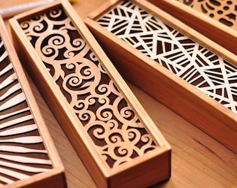 Wooden Pencil Box Delicate Engraved Slide Open Lid Storage Box